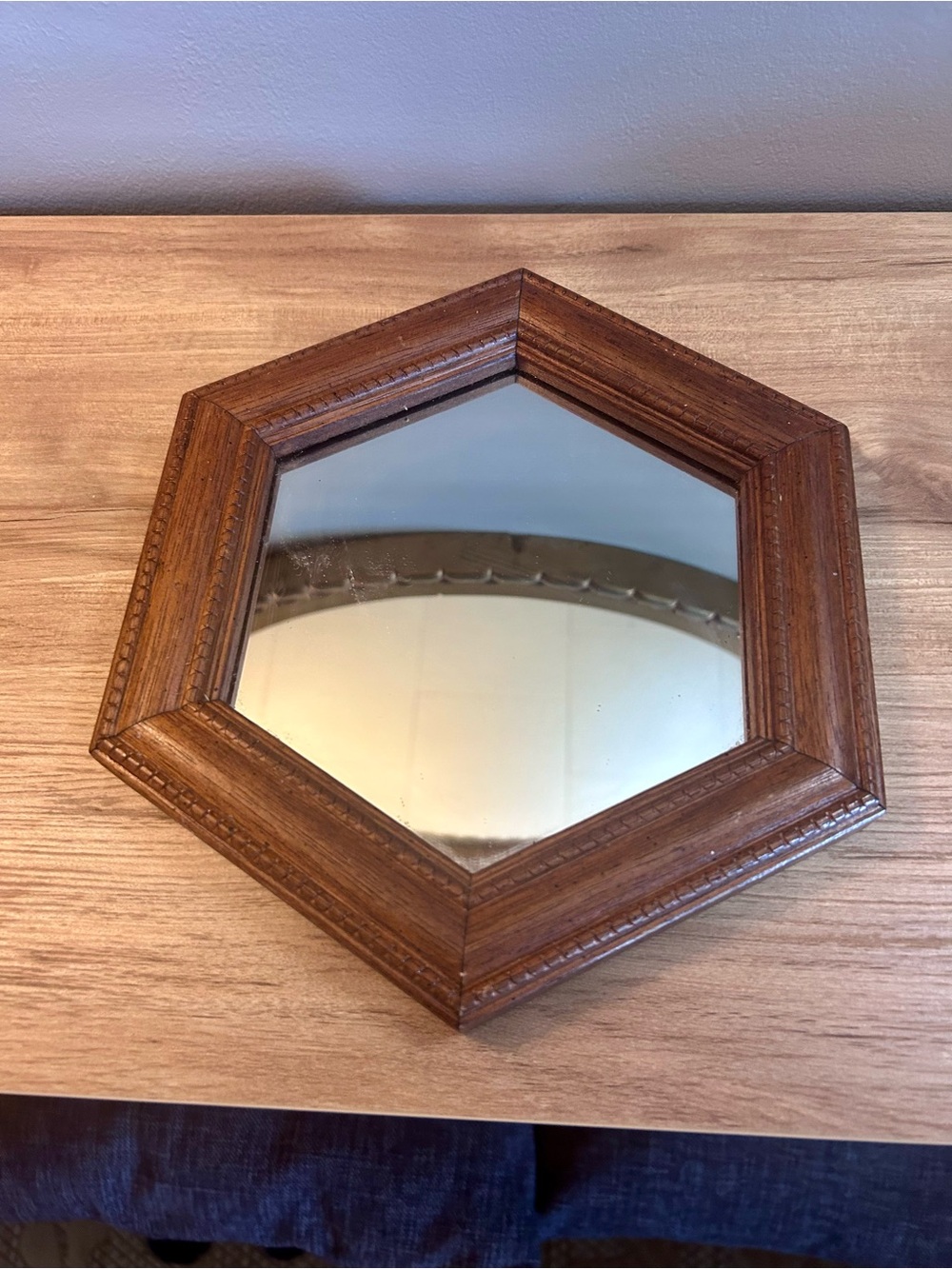 Wooden Hexagon Wall Mirror - Brown approx 8”